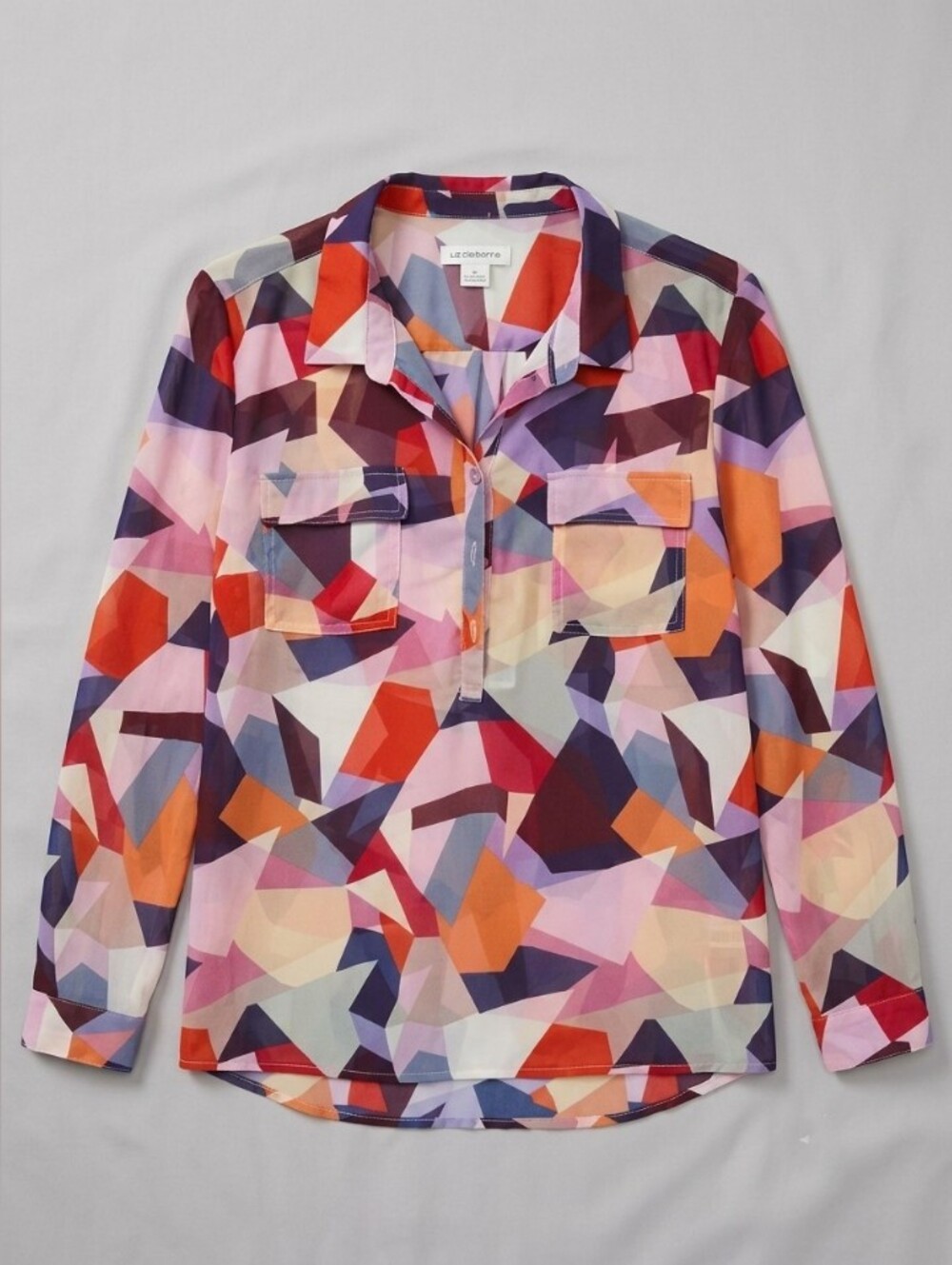 Liz Claiborne Multicolor Geometric Print Long-Sleeve Blouse - Pink/Orange